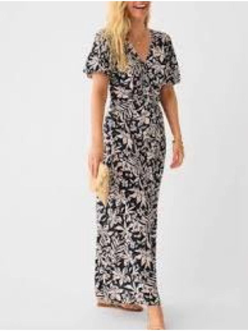 Faherty Sorrento Maxi Dress Women L Navy Blue Hawaiian Floral Puff Sleeve NWT